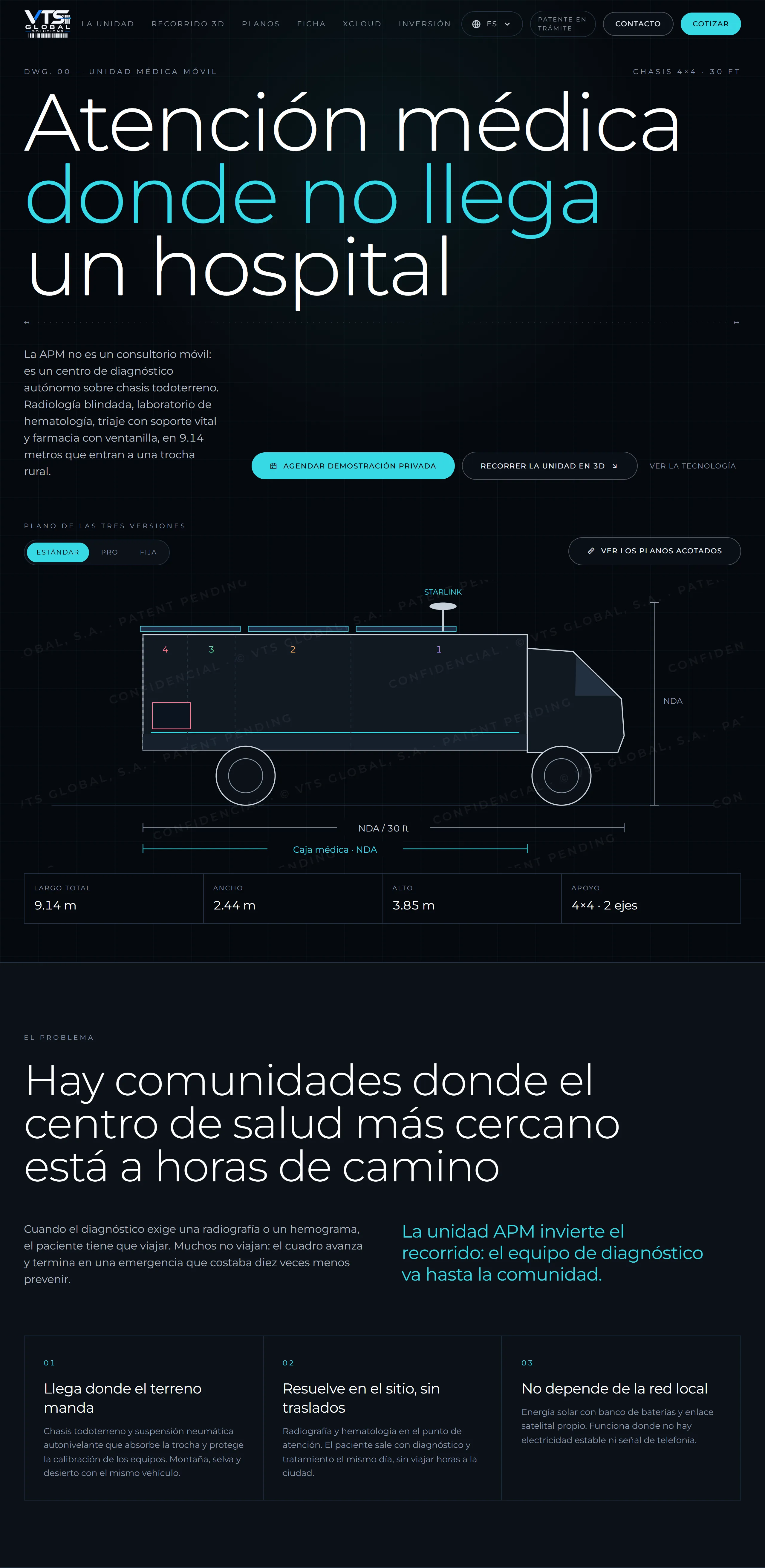 Página de inicio del sitio de la unidad médica APM: atención médica donde no llega un hospital, el plano de la unidad, el problema que resuelve y su visor 3D