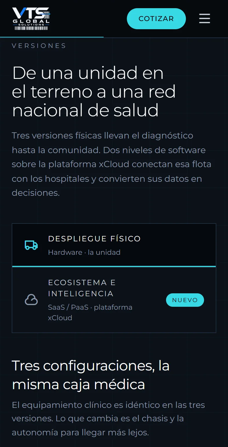 La sección de versiones del sitio APM en un teléfono