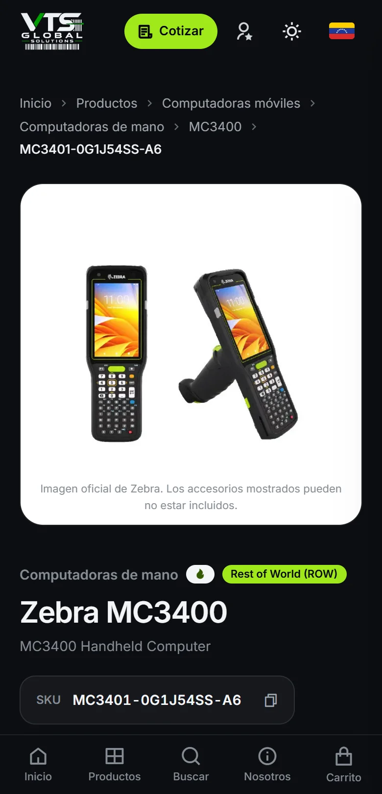 Ficha de la Zebra MC3400 en un teléfono: foto oficial, categoría, región y número de parte