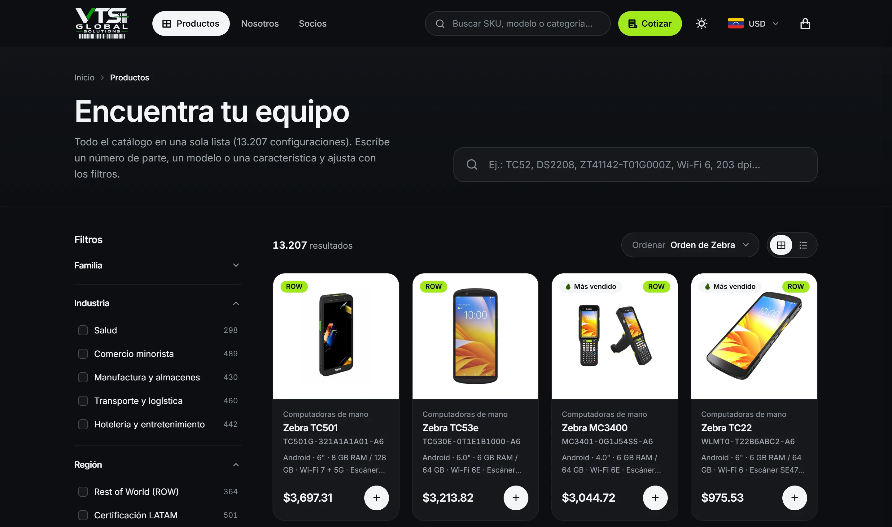 Catálogo de la tienda Zebra en una computadora: filtros por industria y región, 13.207 resultados y la primera fila de equipos con su precio